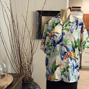 Tommy Bahama SILK DRESS SHIRT blue&green banana leaves w/orange&yellow blooms